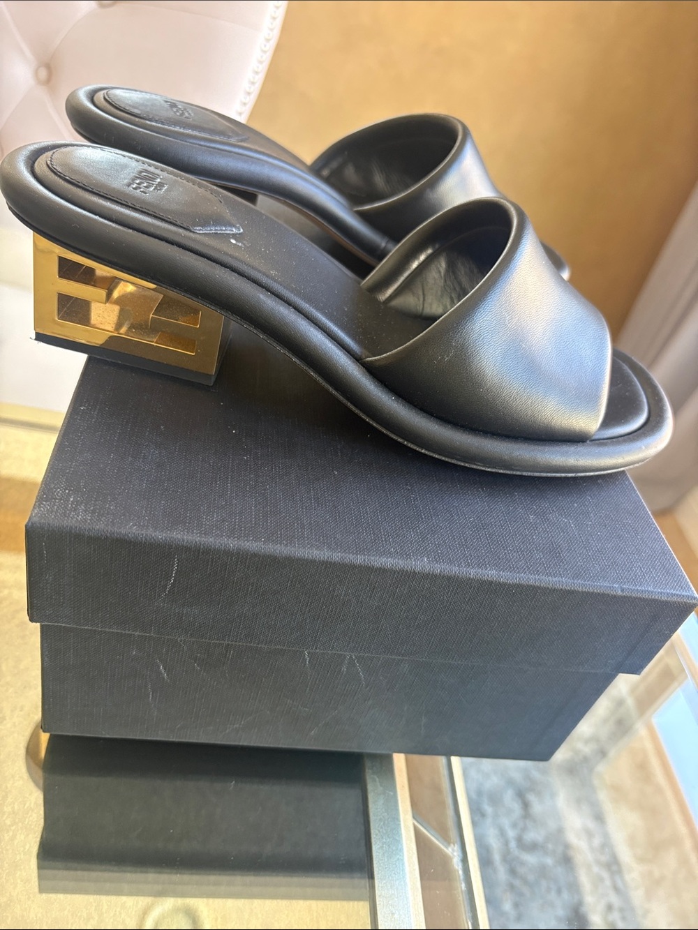 Fendi Black Leather Open-Toe Mules with Gold Logo Block Heel